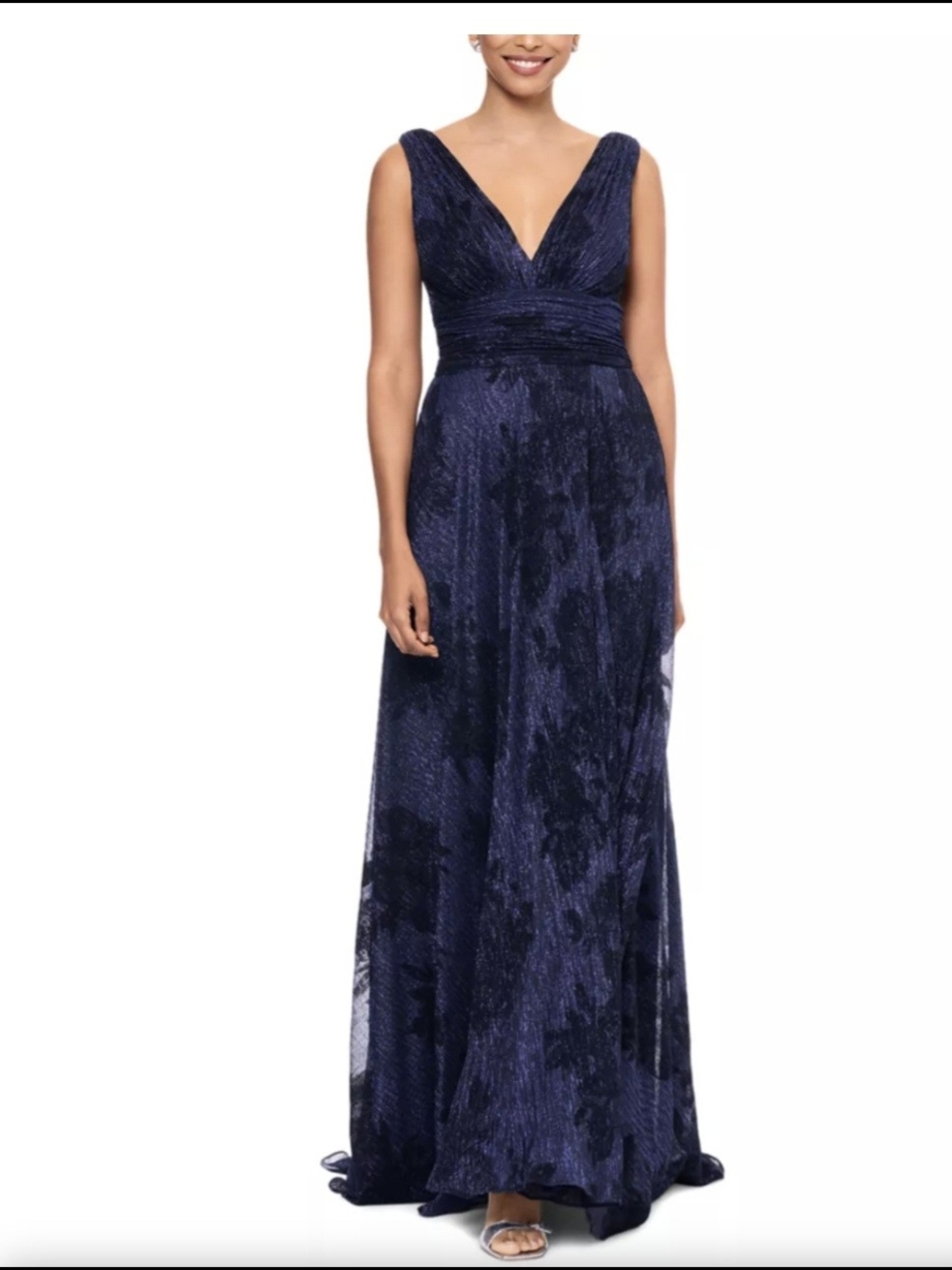 Betsy & Adam Navy Metalic V-Back Maxi Dress